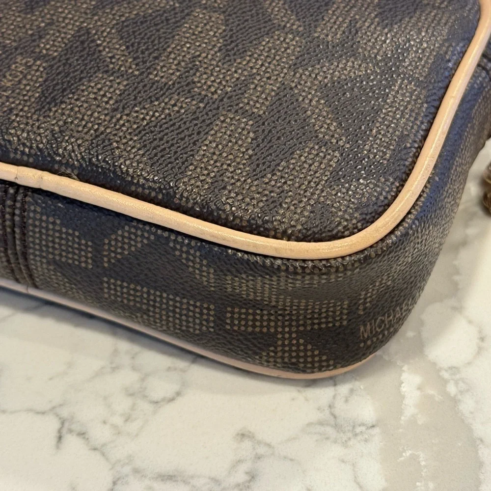 Michael Kors Dark Brown Monogram Camera Crossbody Bag with Gold Accents